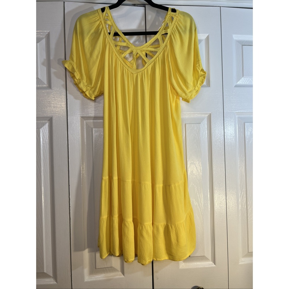 UMGEE Women's Yellow Ruffle Puff  Sleeve Tiered Dress Cut-out Design Size Medium